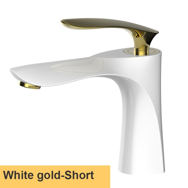 White with gold single hole bathroom faucet short and tall