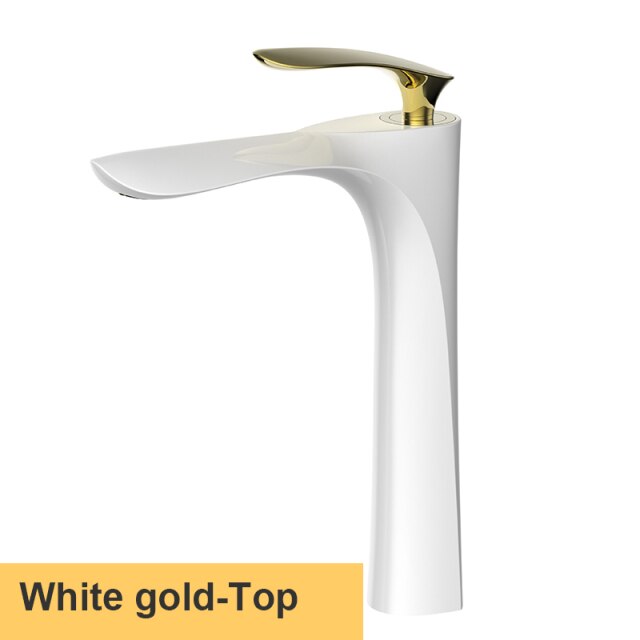 White with gold single hole bathroom faucet short and tall