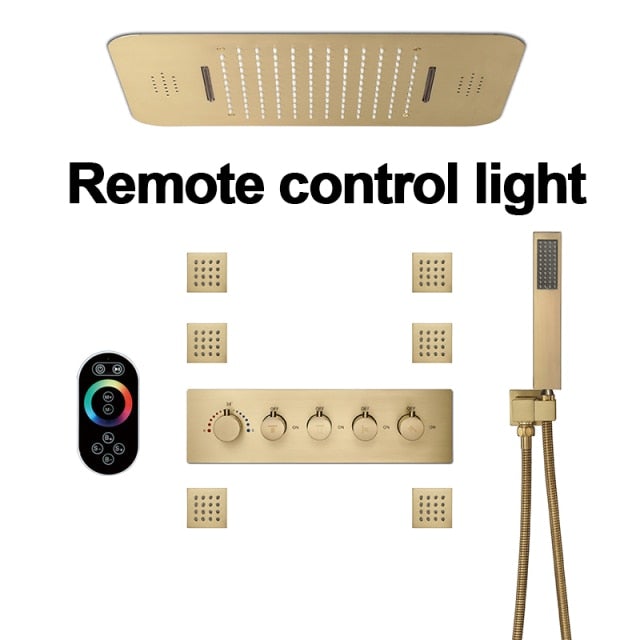 Brushed Gold Thermostatic Shower System Smart LED 23"x15" Ceiling Rain Shower Panel 5 function diverter, hand spray and 6 jet massage spray spa system set