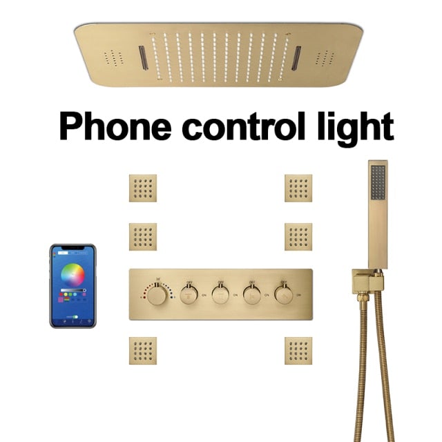 Brushed Gold Thermostatic Shower System Smart LED 23"x15" Ceiling Rain Shower Panel 5 function diverter, hand spray and 6 jet massage spray spa system set