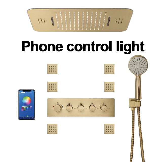 Brushed Gold Thermostatic Shower System Smart LED 23"x15" Ceiling Rain Shower Panel 5 function diverter, hand spray and 6 jet massage spray spa system set