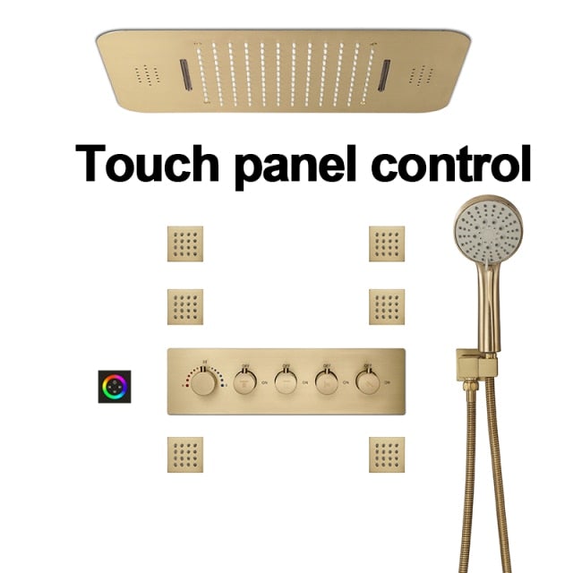 Brushed Gold Thermostatic Shower System Smart LED 23"x15" Ceiling Rain Shower Panel 5 function diverter, hand spray and 6 jet massage spray spa system set