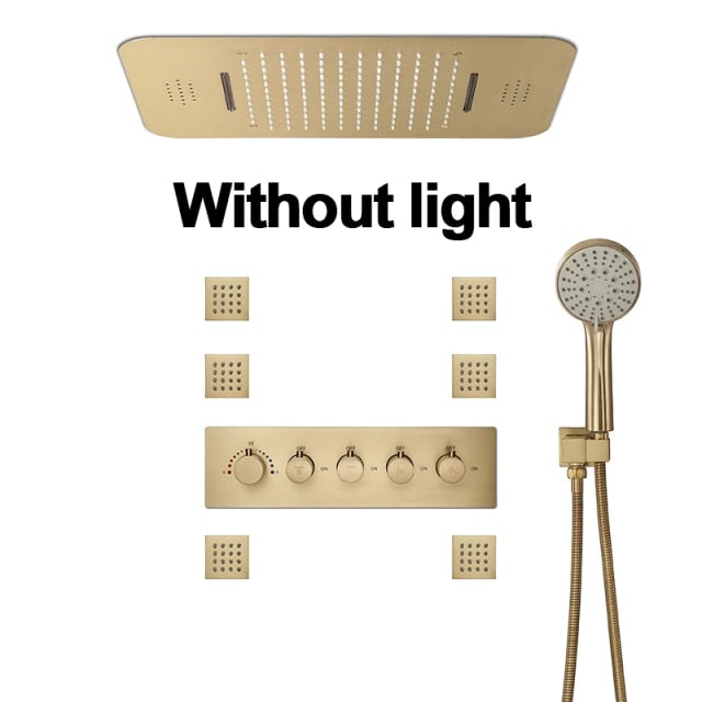 Brushed Gold Thermostatic Shower System Smart LED 23"x15" Ceiling Rain Shower Panel 5 function diverter, hand spray and 6 jet massage spray spa system set