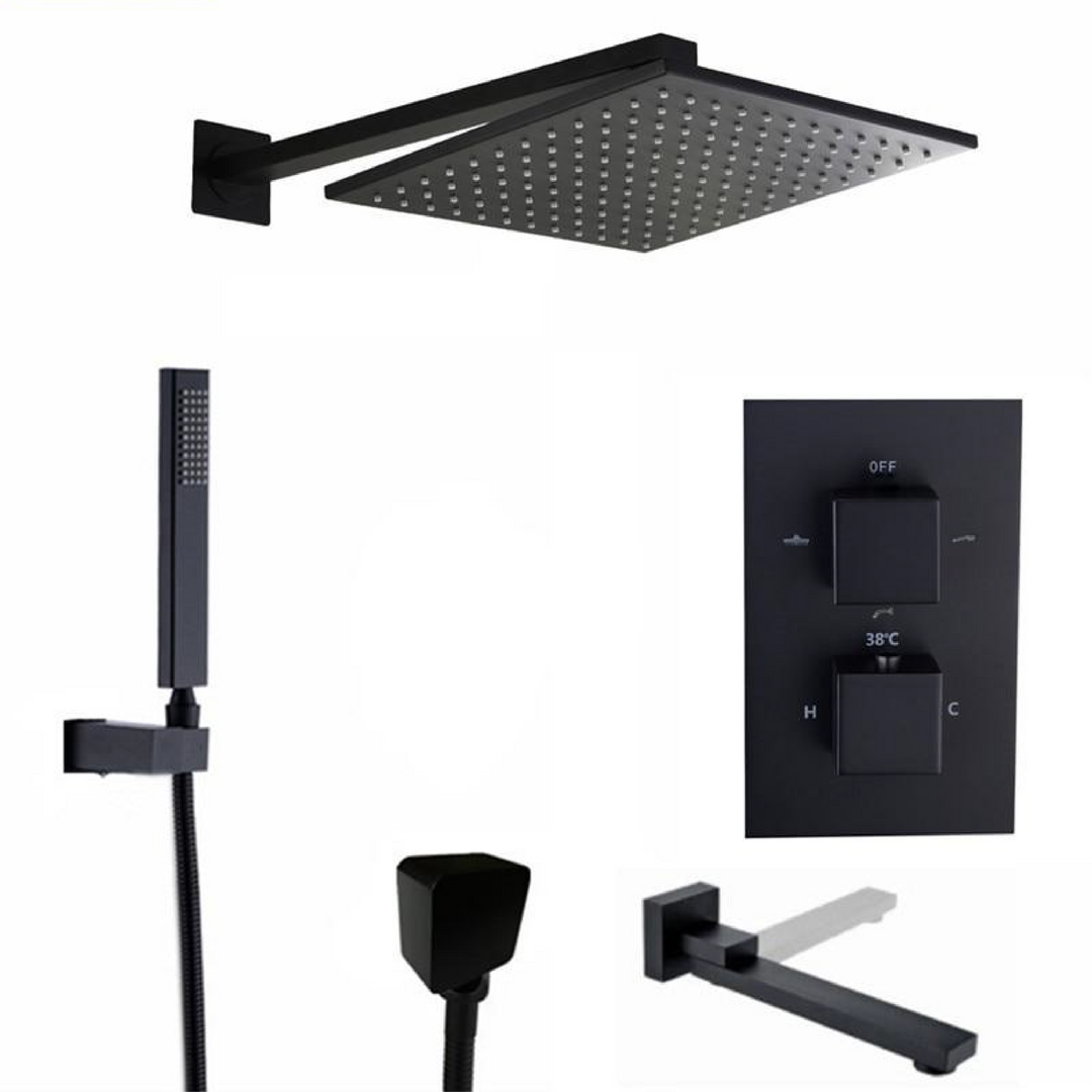 Matte Black Square 2 and 3 way function thermostatic shower kit