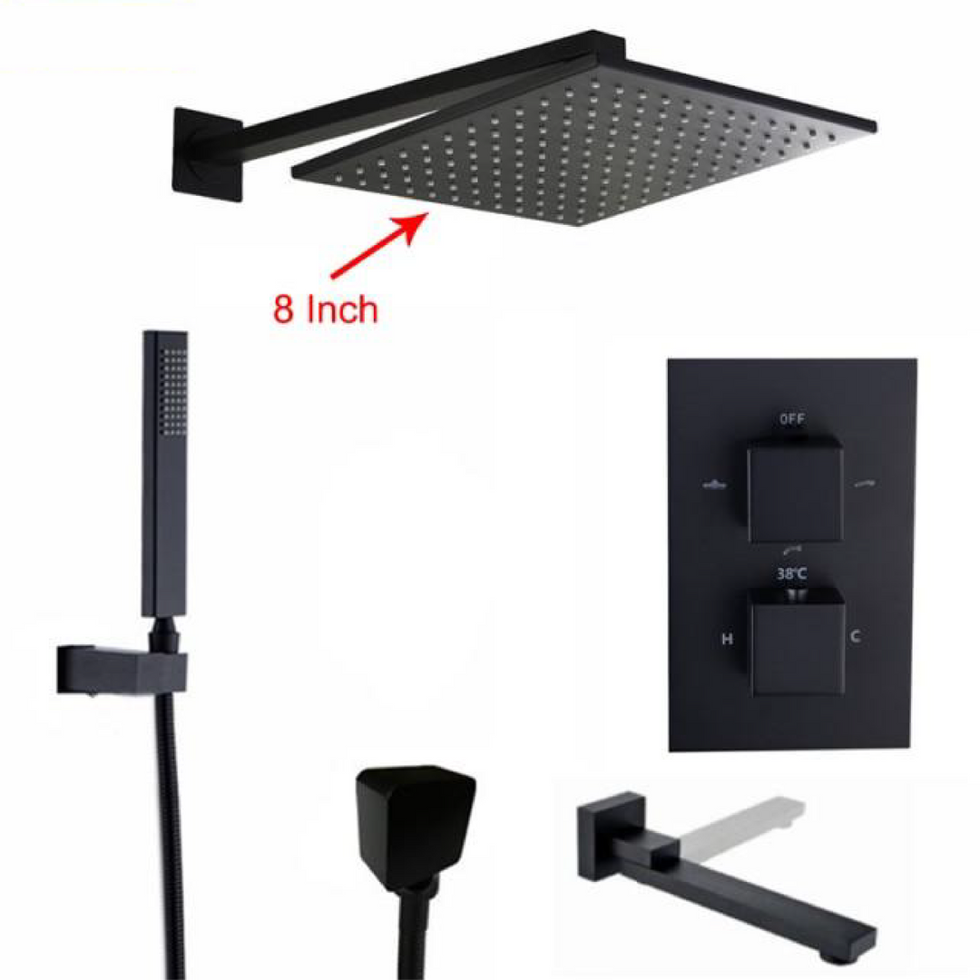 Matte Black Square 2 and 3 way function thermostatic shower kit