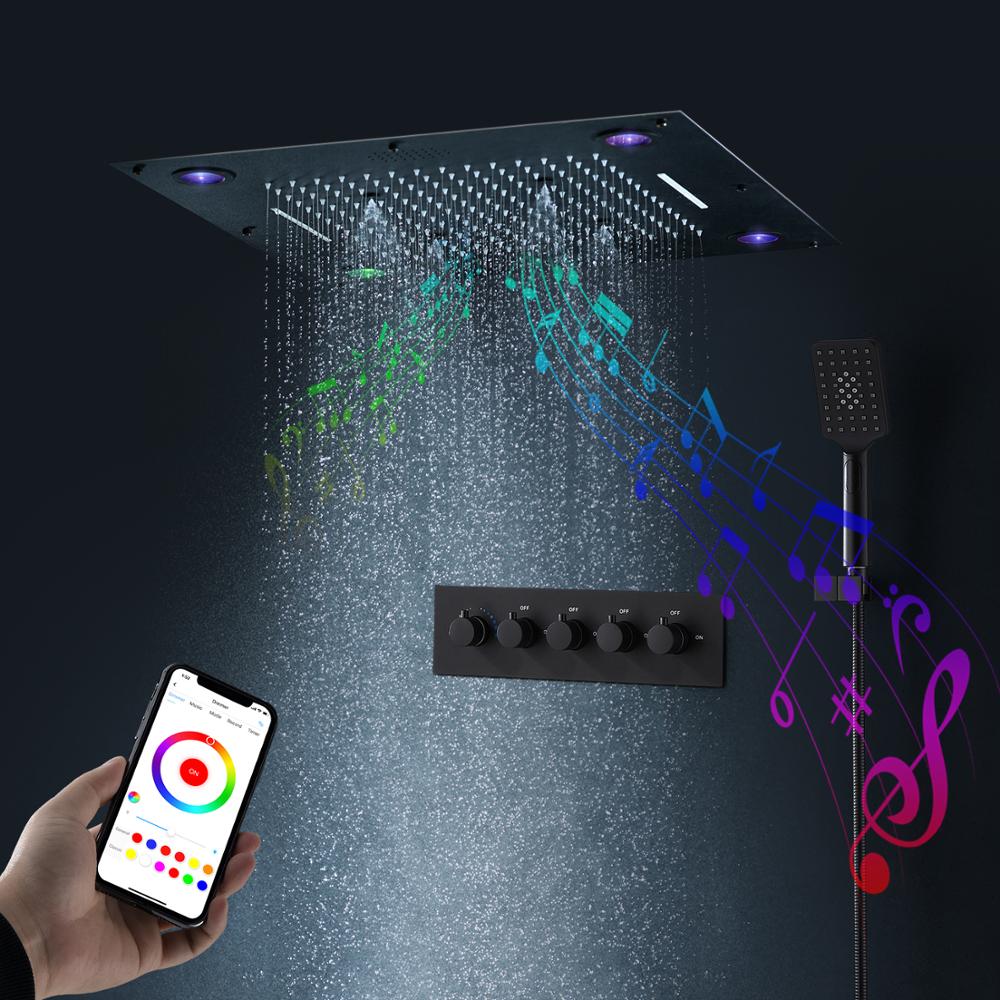 24"x24" Black matte Spa smart Bluetooth music shower ceiling flushmounted Ceiling  LED 5 way function shower system