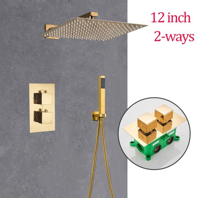 Gold Polished Brass-Square-Thermostatic Shower System 2 Ways function diverter kit