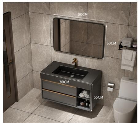 Trento-Grey Gun Wall Hung Bathroom Vanity with Black Quartz Top Set