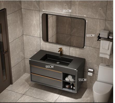 Trento-Grey Gun Wall Hung Bathroom Vanity with Black Quartz Top Set