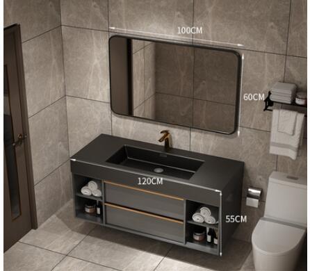 Trento-Grey Gun Wall Hung Bathroom Vanity with Black Quartz Top Set