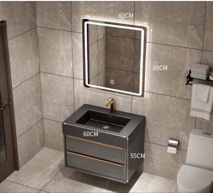 Trento-Grey Gun Wall Hung Bathroom Vanity with Black Quartz Top Set