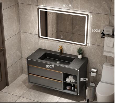 Trento-Grey Gun Wall Hung Bathroom Vanity with Black Quartz Top Set