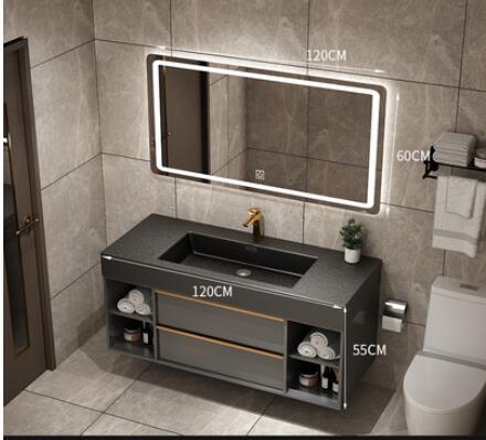 Trento-Grey Gun Wall Hung Bathroom Vanity with Black Quartz Top Set