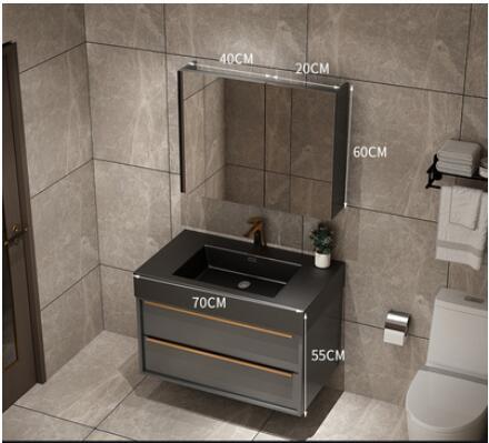 Trento-Grey Gun Wall Hung Bathroom Vanity with Black Quartz Top Set