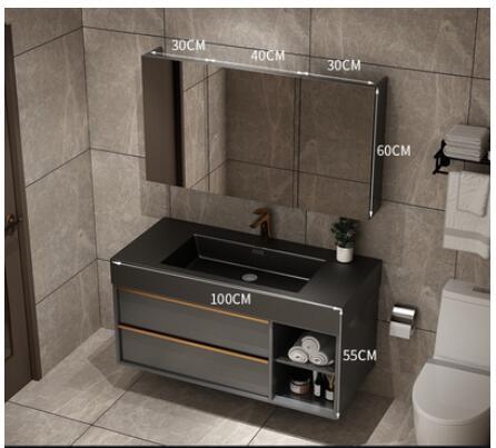 Trento-Grey Gun Wall Hung Bathroom Vanity with Black Quartz Top Set