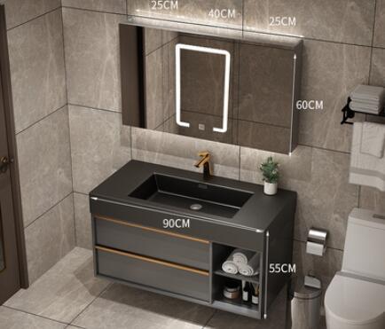 Trento-Grey Gun Wall Hung Bathroom Vanity with Black Quartz Top Set