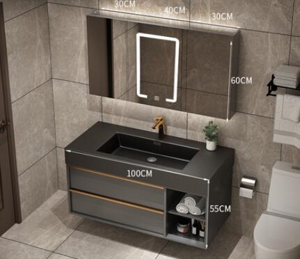 Trento-Grey Gun Wall Hung Bathroom Vanity with Black Quartz Top Set