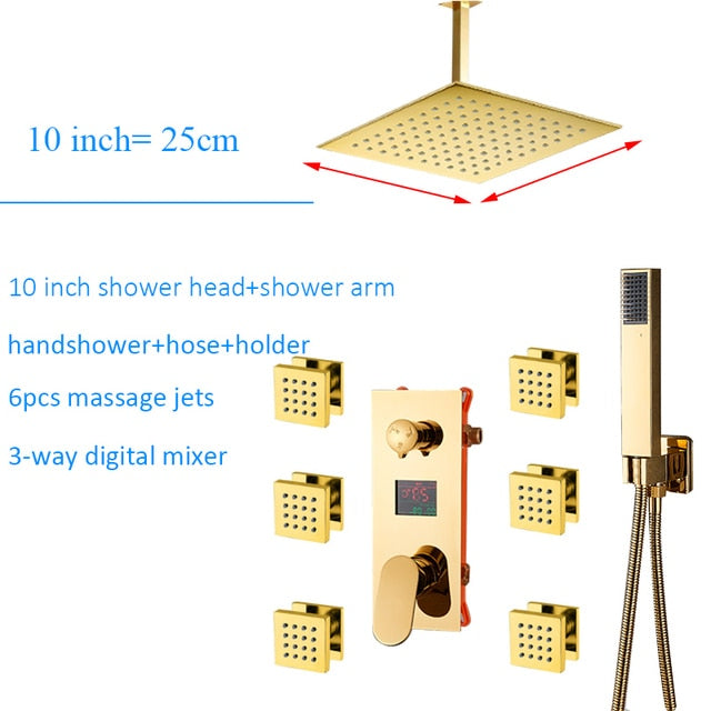 Gold polished led power 3 way function diverter control with 6 body jets shower kit