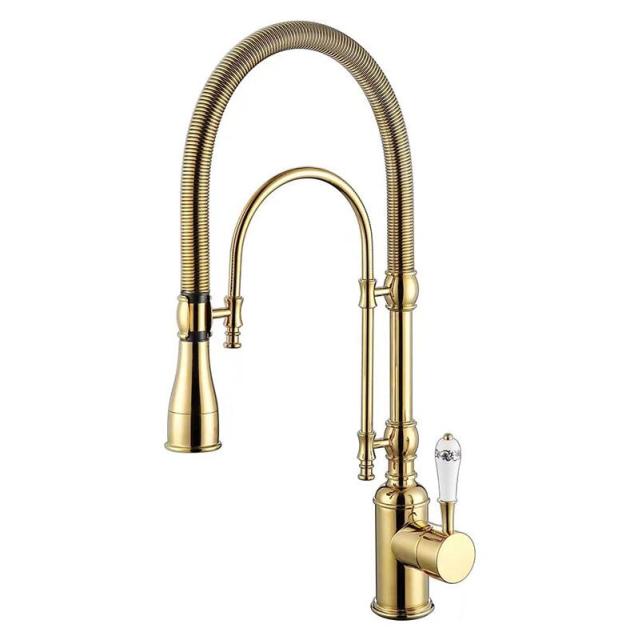 Gold Polished -Chrome with Gold Tall Kitchen Faucet Island with porcelain handle