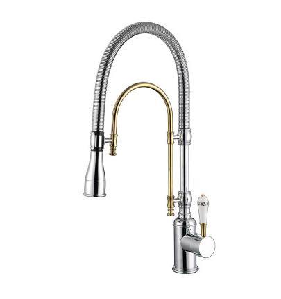 Gold Polished -Chrome with Gold Tall Kitchen Faucet Island with porcelain handle