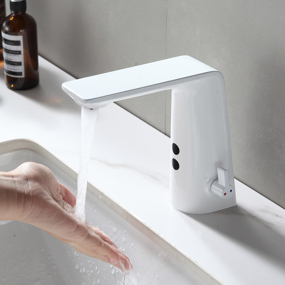 White commercial sensor single hole bathroom faucet