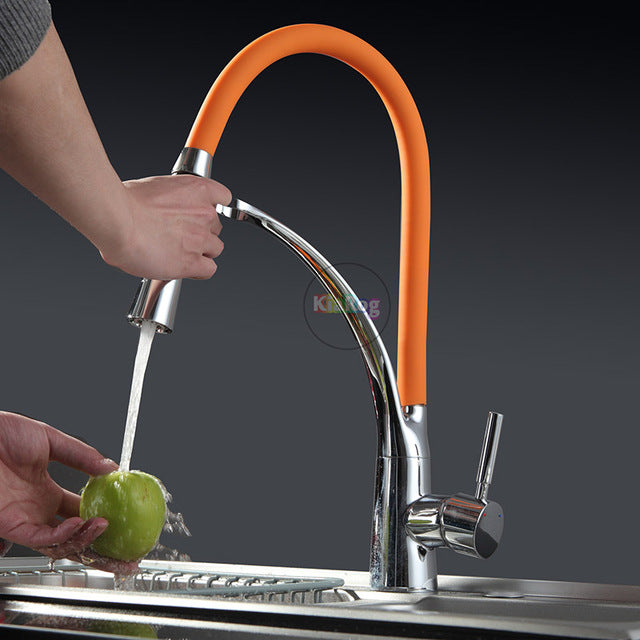 Orange rubber hose pull out dual sprayer kitchen faucet