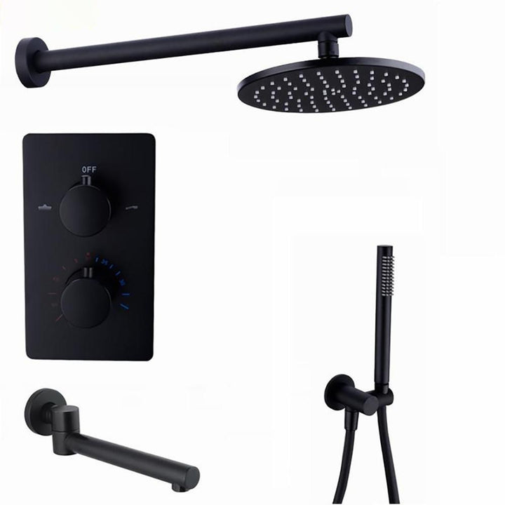 Black Matte Round 10" Rain Head Thermostatic 3 Way Function Tub Filler Diverter Shower Kit